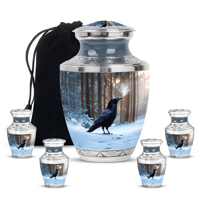 Cornflower Blue Crow Cremation Urn lifestyle display on memorial shelf - artistic crow interpretation with creative detail - memorial set with one large and four small urns