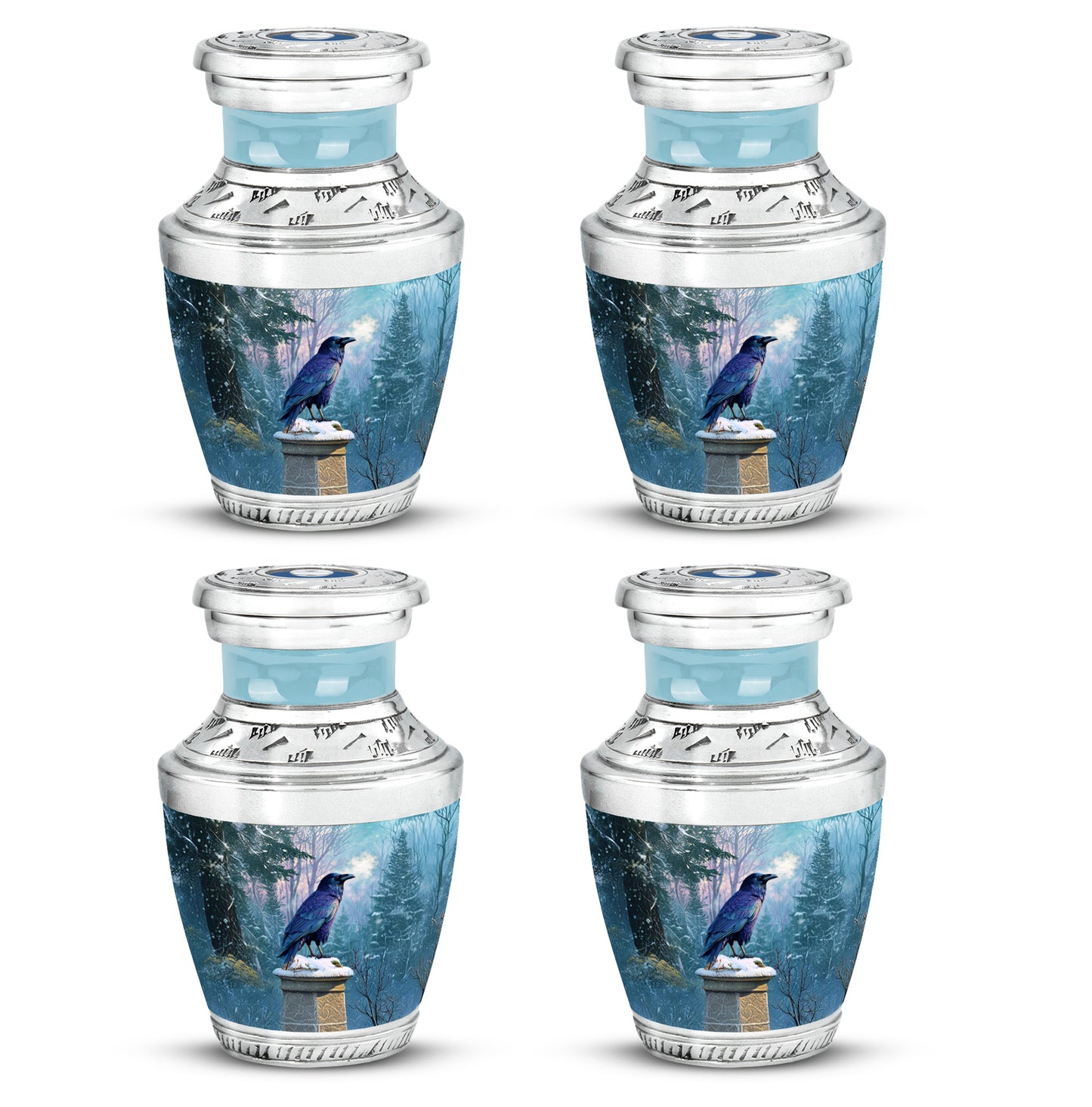 Sapphire Blue Crow Cremation Urn back view with polished surface - artistic crow interpretation with creative detail - 10 inch aluminum urn for cremated remains
