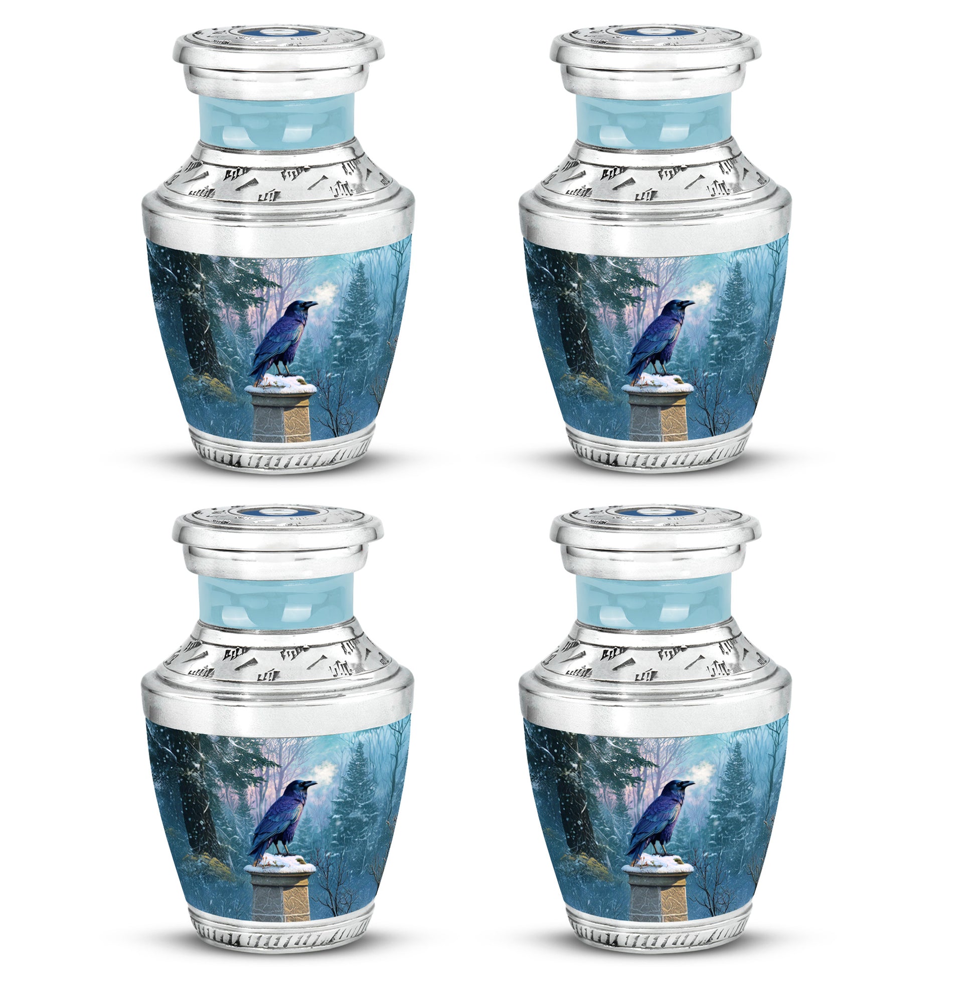 Sapphire Blue Crow Cremation Urn back view with polished surface - artistic crow interpretation with creative detail - 10 inch aluminum urn for cremated remains
