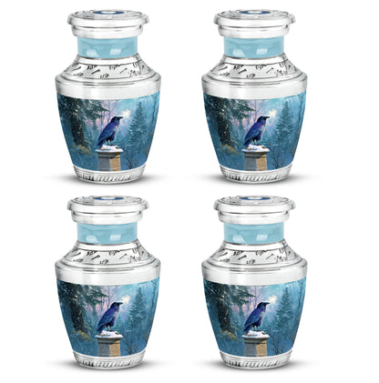 Sapphire Blue Crow Cremation Urn back view with polished surface - artistic crow interpretation with creative detail - 10 inch aluminum urn for cremated remains
