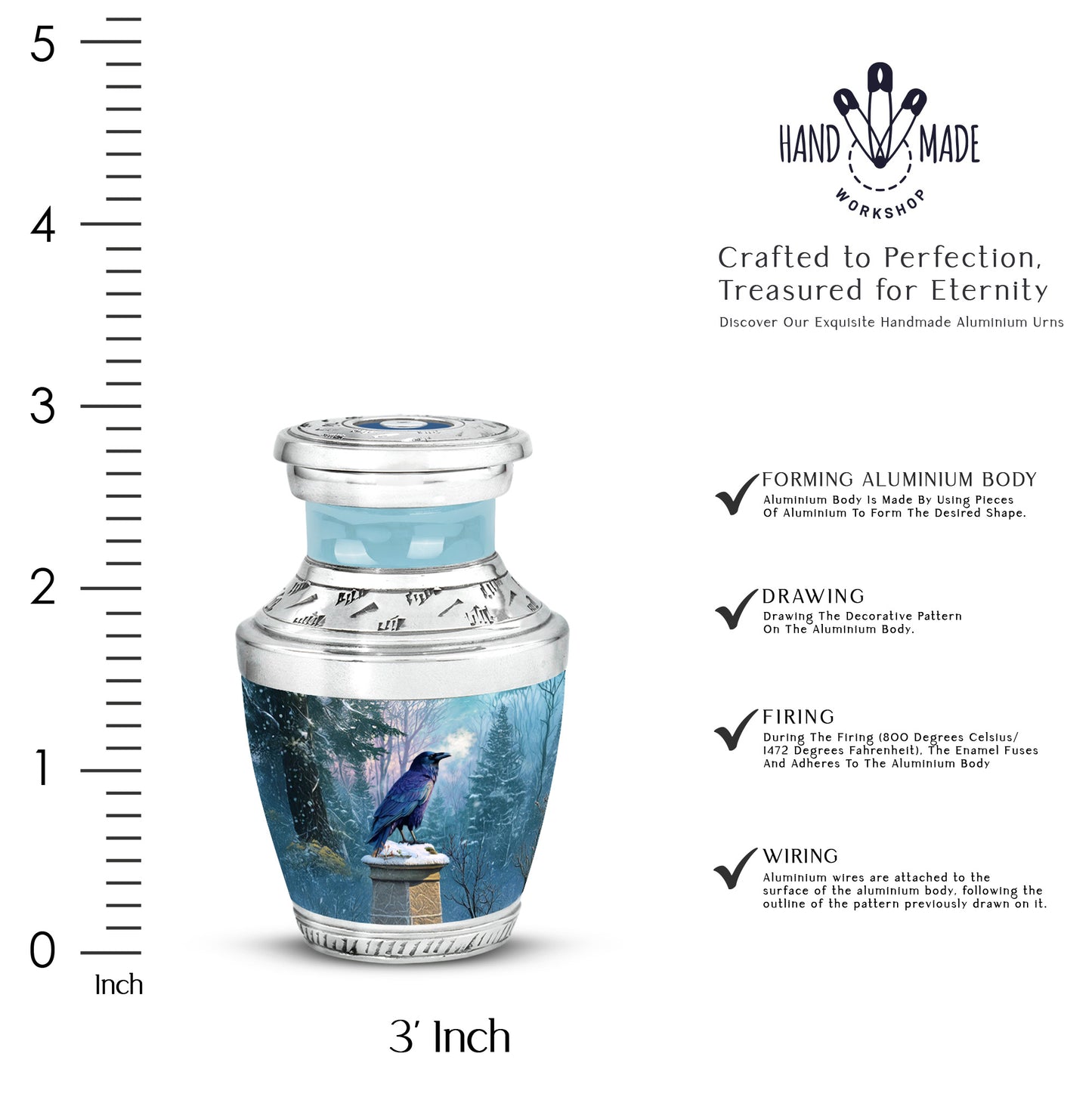 Vivid Blue Crow Cremation Urn top-down view of secure threaded lid - stylized abstract crow pattern with bold lines - mini keepsake memorial for portion of cremation ashes