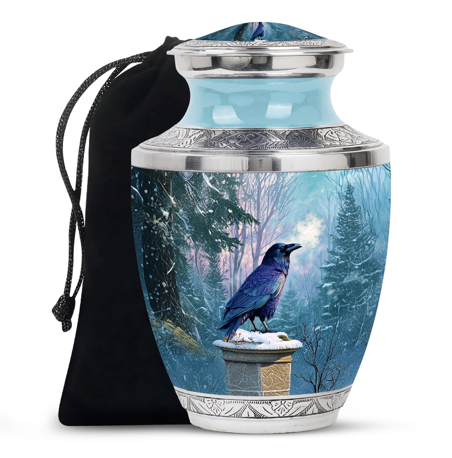 Twilight Blue Crow Cremation Urn side profile showing urn shape - stylized abstract crow pattern with bold lines - full-size 10 inch 200 cubic inch adult cremation urn