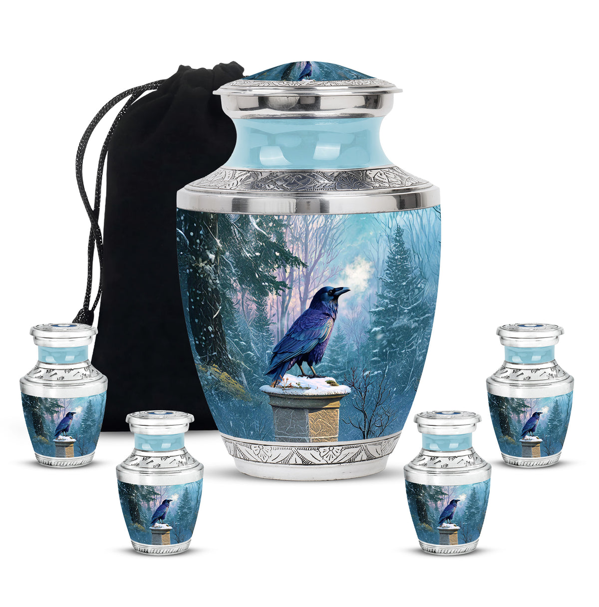 Cornflower Blue Crow Cremation Urn lifestyle display on memorial shelf - stylized abstract crow pattern with bold lines - memorial set with one large and four small urns