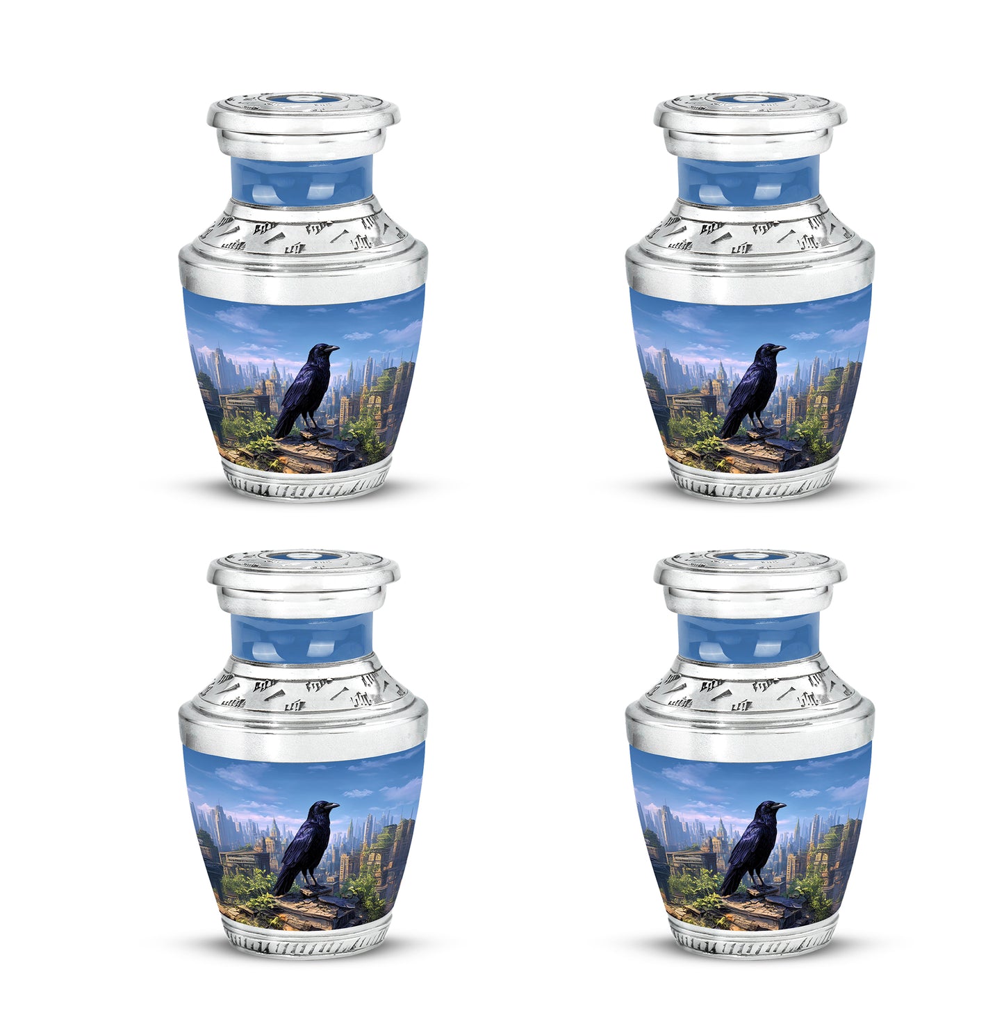 Misty Blue Crow Cremation Urn back view with polished surface - modern art-inspired crow motif on sleek aluminum - 10 inch aluminum urn for cremated remains