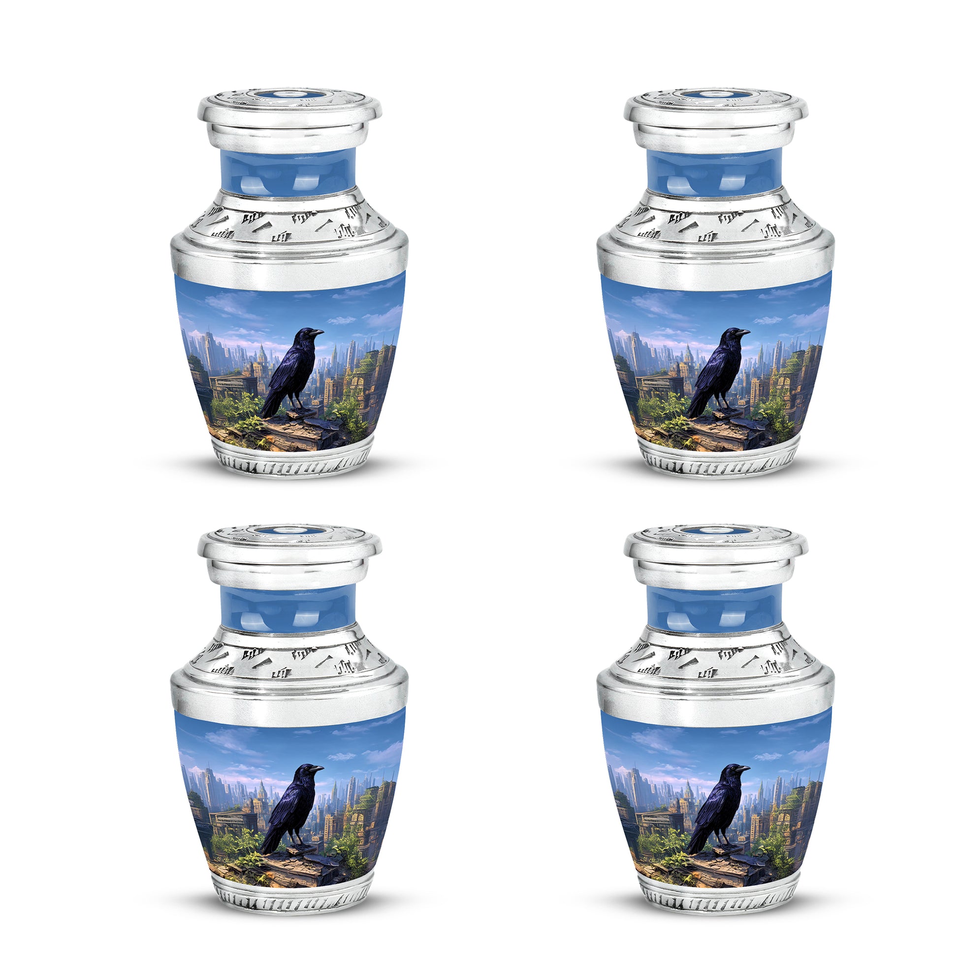 Misty Blue Crow Cremation Urn back view with polished surface - modern art-inspired crow motif on sleek aluminum - 10 inch aluminum urn for cremated remains