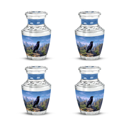 Misty Blue Crow Cremation Urn back view with polished surface - modern art-inspired crow motif on sleek aluminum - 10 inch aluminum urn for cremated remains