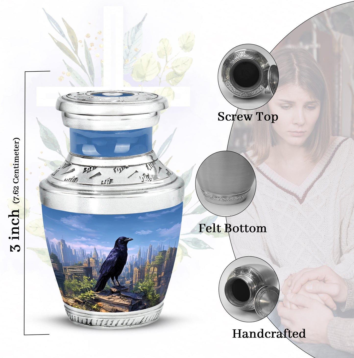 Sky Blue Crow Cremation Urn top-down view of secure threaded lid - contemporary crow design with modern artistic flair - mini keepsake memorial for portion of cremation ashes