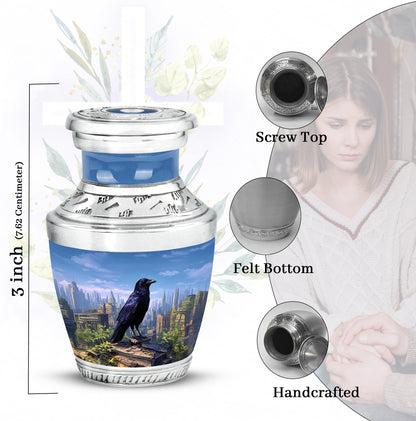 Sky Blue Crow Cremation Urn top-down view of secure threaded lid - contemporary crow design with modern artistic flair - mini keepsake memorial for portion of cremation ashes