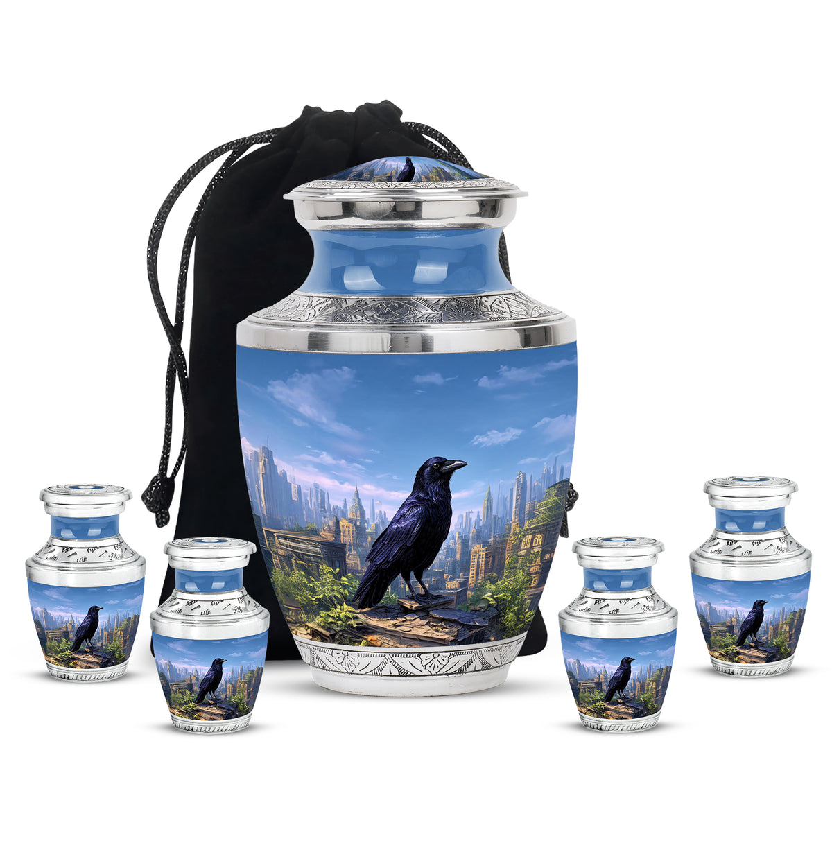 Powder Blue Crow Cremation Urn lifestyle display on memorial shelf - contemporary crow design with modern artistic flair - memorial set with one large and four small urns