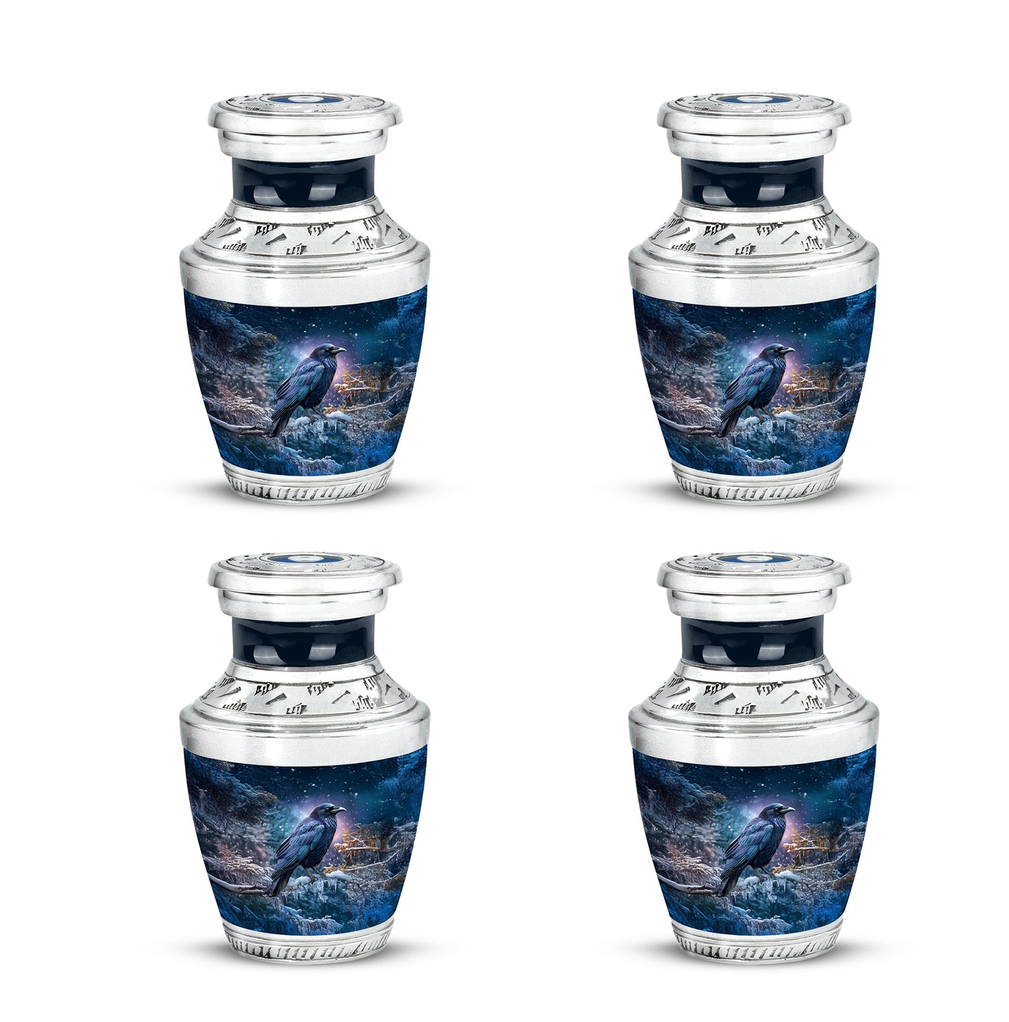 Misty Blue Crow Cremation Urn back view with polished surface - contemporary crow design with modern artistic flair - 10 inch aluminum urn for cremated remains