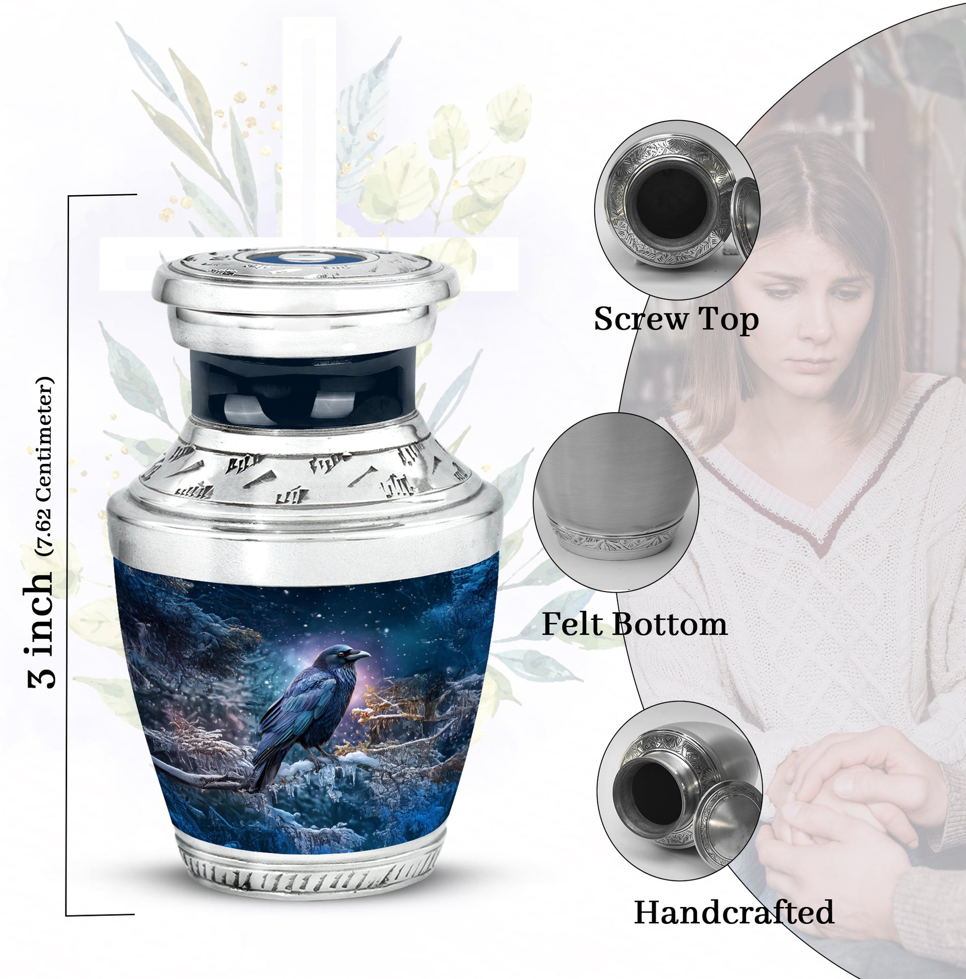 Navy Blue Crow Cremation Urn top-down view of secure threaded lid - modern art-inspired crow motif on sleek aluminum - mini keepsake memorial for portion of cremation ashes