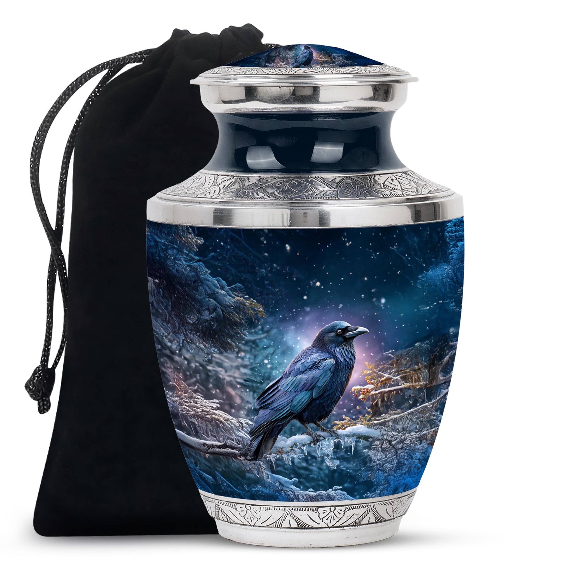 Calming Blue Crow Cremation Urn side profile showing urn shape - stylized abstract crow pattern with bold lines - full-size 10 inch 200 cubic inch adult cremation urn