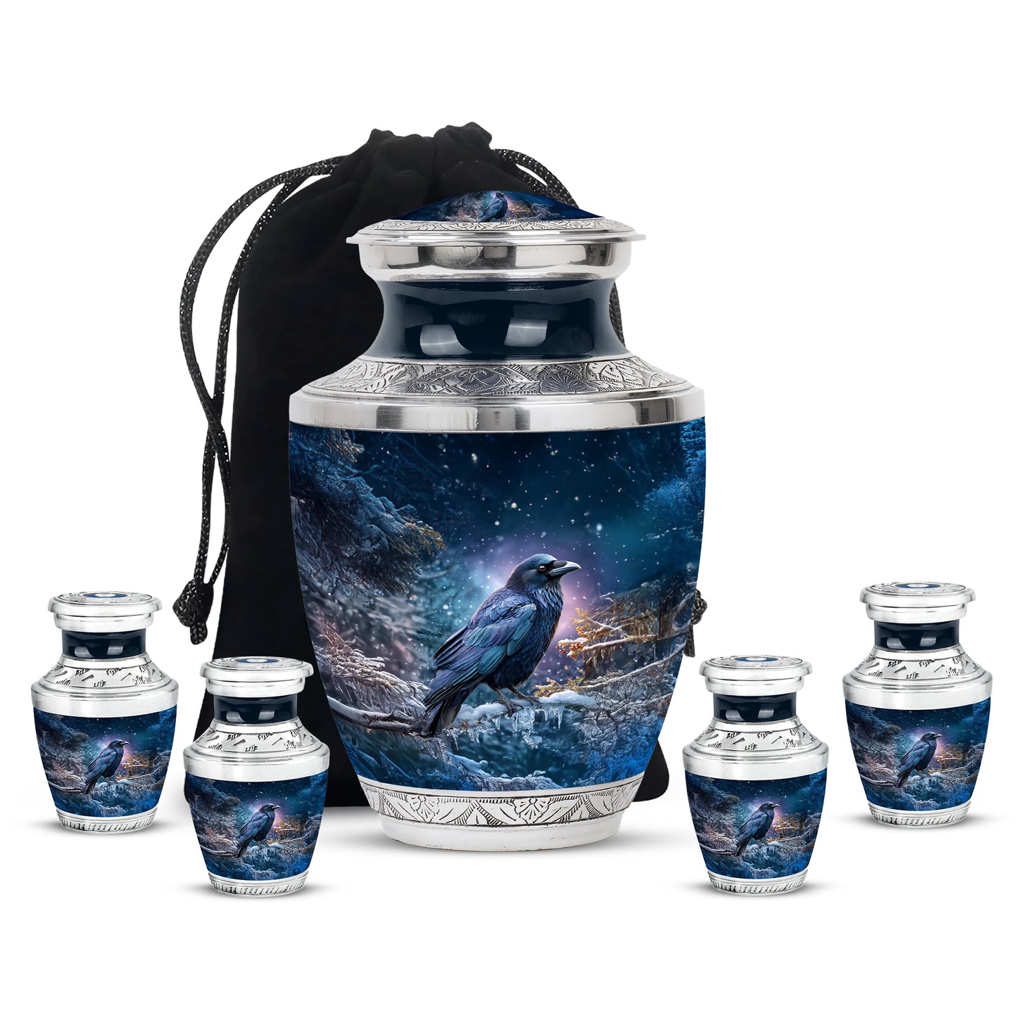 Sky Blue Crow Cremation Urn lifestyle display on memorial shelf - modern art-inspired crow motif on sleek aluminum - memorial set with one large and four small urns