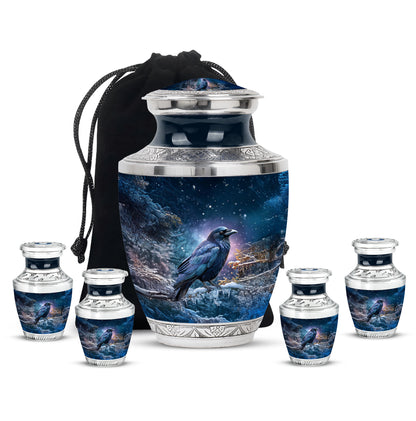 Sky Blue Crow Cremation Urn lifestyle display on memorial shelf - modern art-inspired crow motif on sleek aluminum - memorial set with one large and four small urns