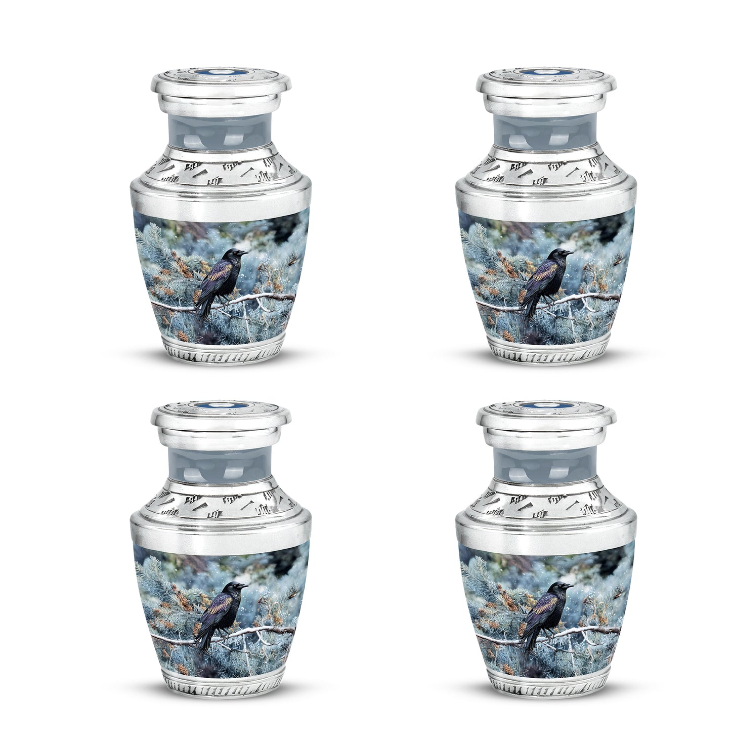 Twilight Blue Crow Cremation Urn back view with polished surface - stylized abstract crow pattern with bold lines - 10 inch aluminum urn for cremated remains
