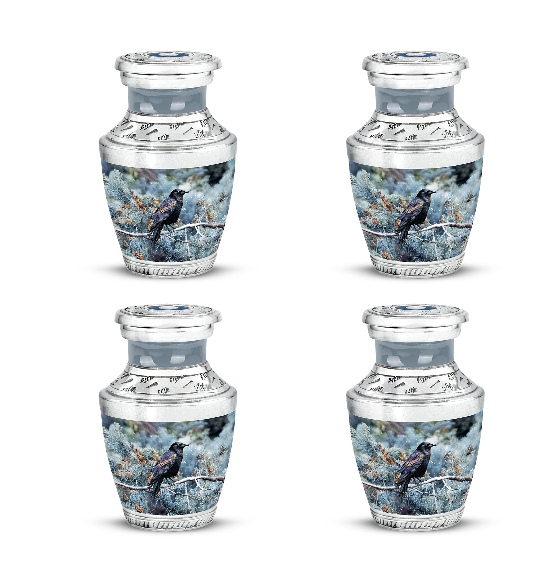 Twilight Blue Crow Cremation Urn back view with polished surface - stylized abstract crow pattern with bold lines - 10 inch aluminum urn for cremated remains