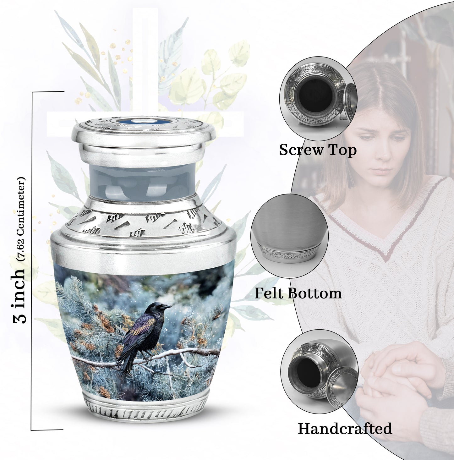Sapphire Blue Crow Cremation Urn top-down view of secure threaded lid - artistic crow interpretation with creative detail - mini keepsake memorial for portion of cremation ashes