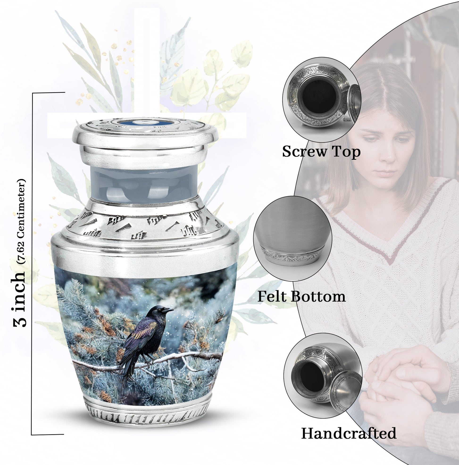 Sapphire Blue Crow Cremation Urn top-down view of secure threaded lid - artistic crow interpretation with creative detail - mini keepsake memorial for portion of cremation ashes