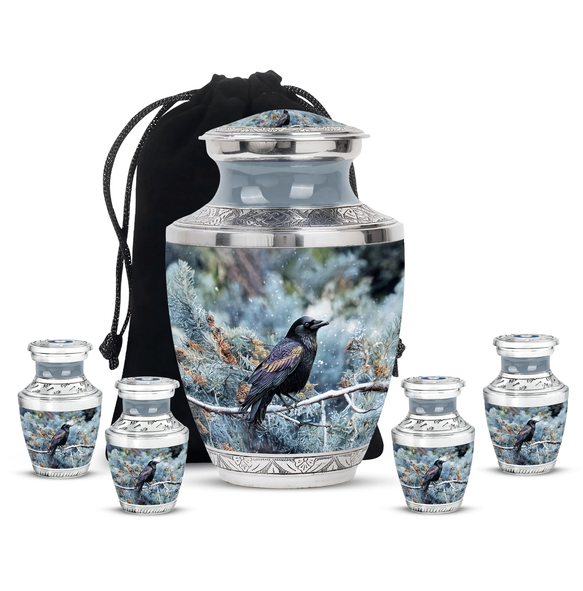 Powder Blue Crow Cremation Urn lifestyle display on memorial shelf - modern art-inspired crow motif on sleek aluminum - memorial set with one large and four small urns