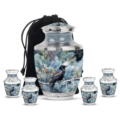 Powder Blue Crow Cremation Urn lifestyle display on memorial shelf - modern art-inspired crow motif on sleek aluminum - memorial set with one large and four small urns