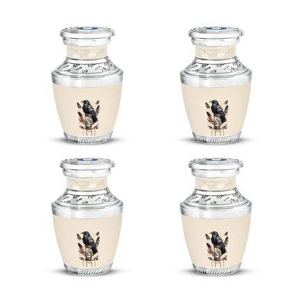 Alabaster White Crow Cremation Urn back view with polished surface - contemporary crow design with modern artistic flair - 10 inch aluminum urn for cremated remains