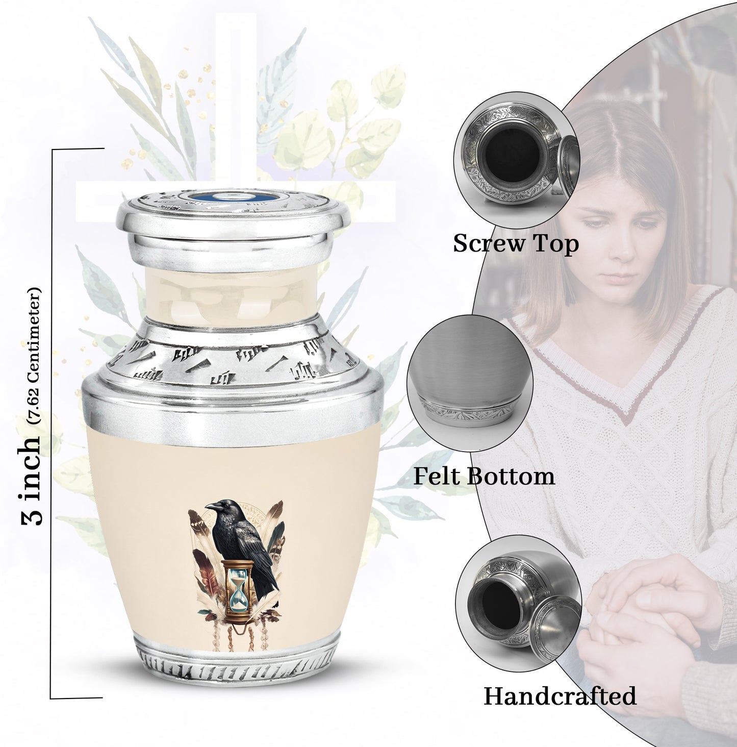 Cream White Crow Cremation Urn top-down view of secure threaded lid - artistic crow interpretation with creative detail - mini keepsake memorial for portion of cremation ashes