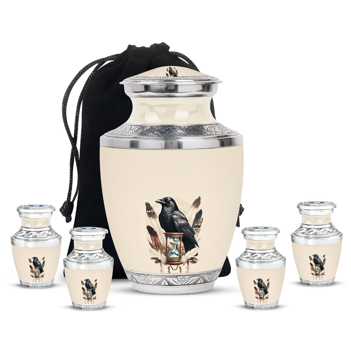 Pure White Crow Cremation Urn lifestyle display on memorial shelf - modern art-inspired crow motif on sleek aluminum - memorial set with one large and four small urns