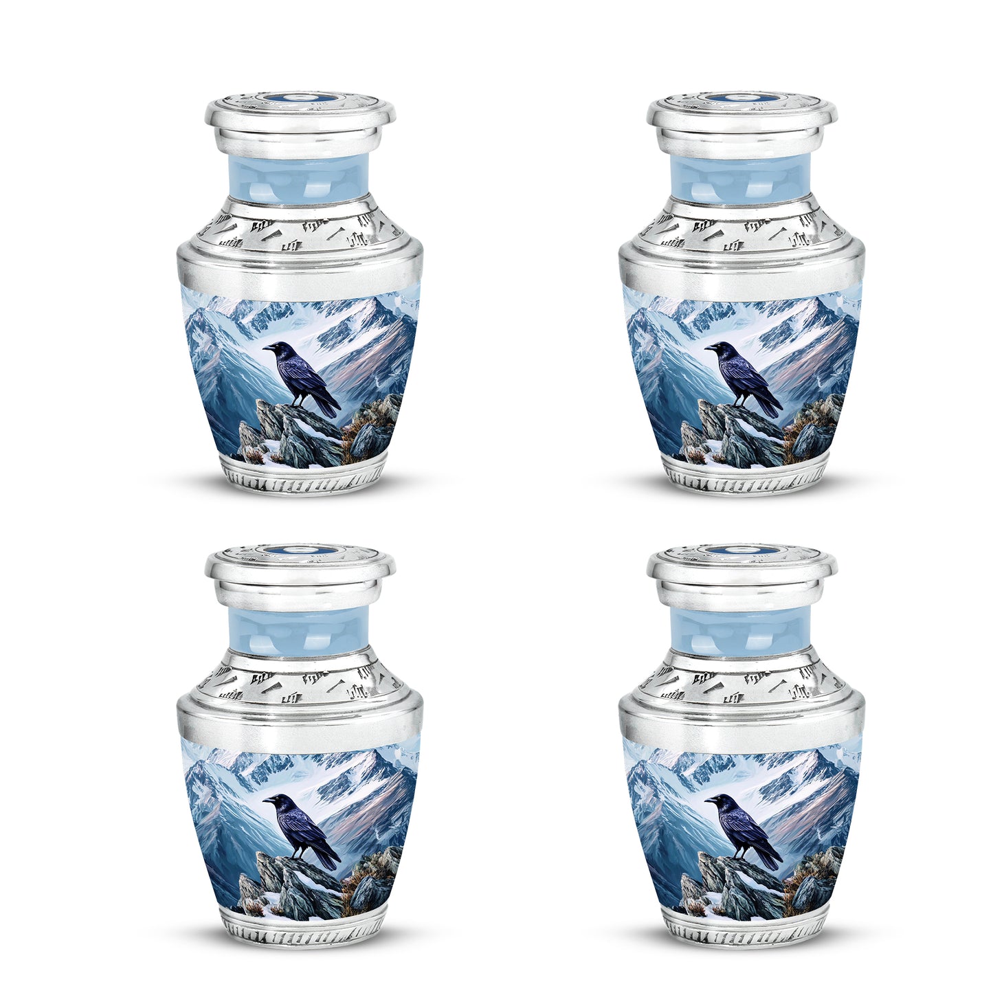 Steel Blue Crow Cremation Urn back view with polished surface - artistic crow interpretation with creative detail - 10 inch aluminum urn for cremated remains