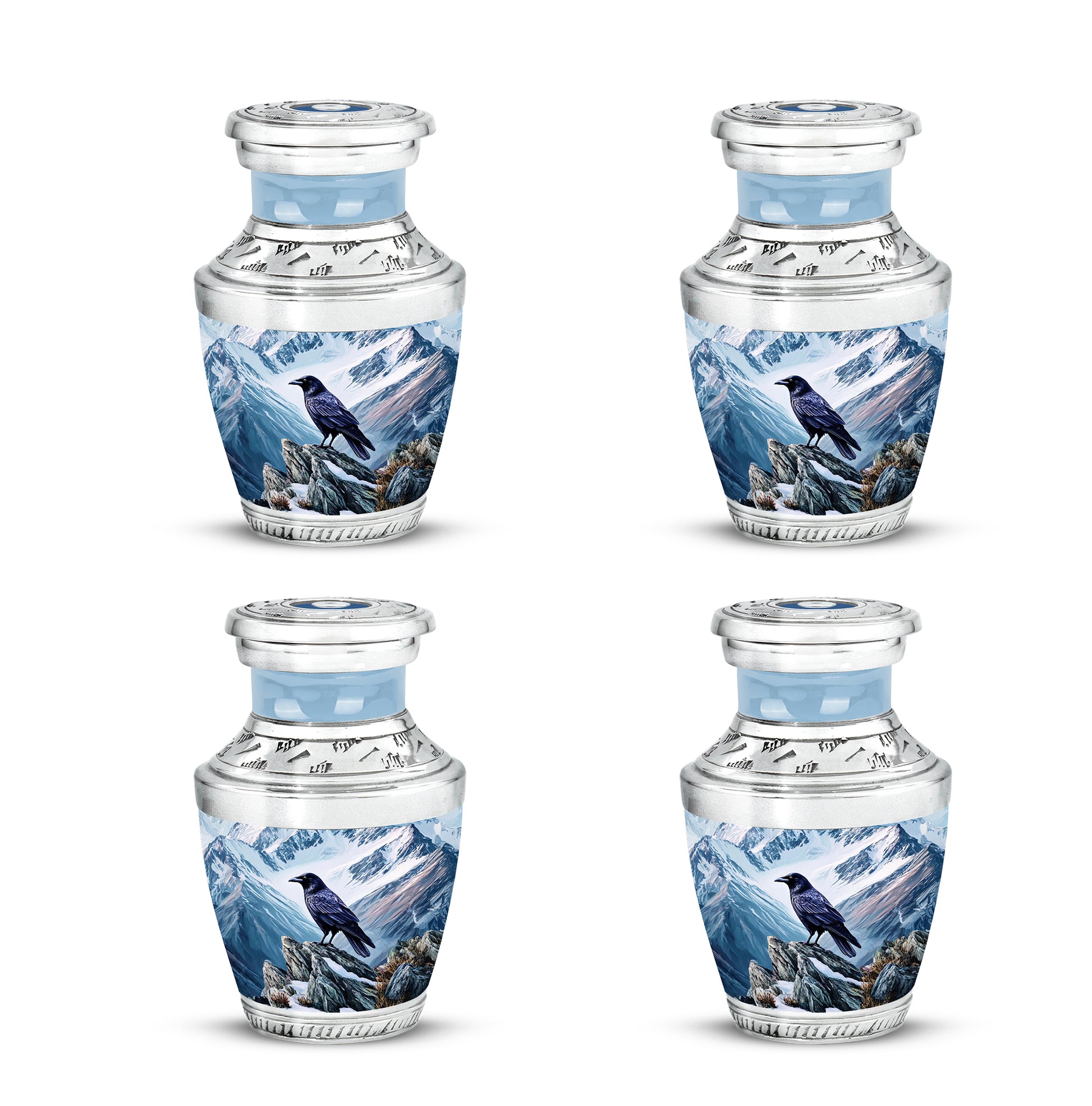 Steel Blue Crow Cremation Urn back view with polished surface - artistic crow interpretation with creative detail - 10 inch aluminum urn for cremated remains