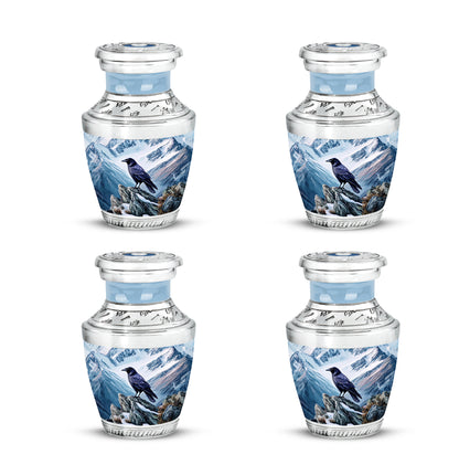 Steel Blue Crow Cremation Urn back view with polished surface - artistic crow interpretation with creative detail - 10 inch aluminum urn for cremated remains