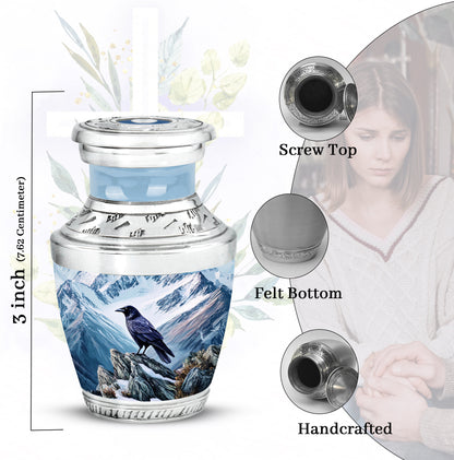 Pastel Blue Crow Cremation Urn top-down view of secure threaded lid - modern art-inspired crow motif on sleek aluminum - mini keepsake memorial for portion of cremation ashes
