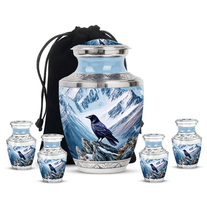 Slate Blue Crow Cremation Urn lifestyle display on memorial shelf - modern art-inspired crow motif on sleek aluminum - memorial set with one large and four small urns