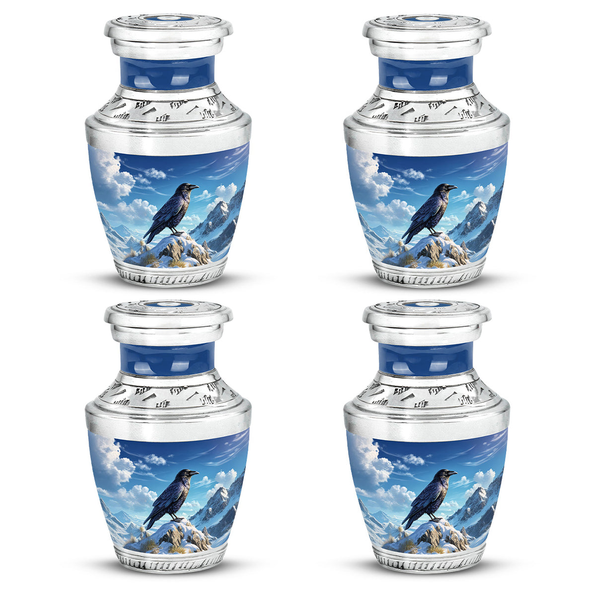 Celestial Blue Crow Cremation Urn back view with polished surface - modern art-inspired crow motif on sleek aluminum - 10 inch aluminum urn for cremated remains
