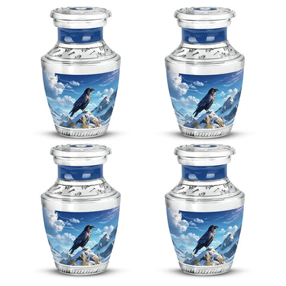 Celestial Blue Crow Cremation Urn back view with polished surface - modern art-inspired crow motif on sleek aluminum - 10 inch aluminum urn for cremated remains
