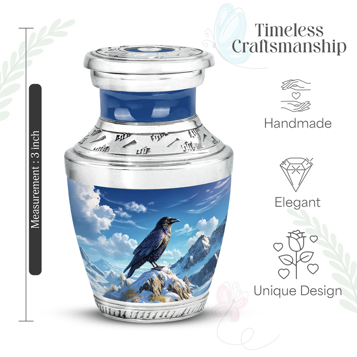 Vivid Blue Crow Cremation Urn top-down view of secure threaded lid - artistic crow interpretation with creative detail - mini keepsake memorial for portion of cremation ashes