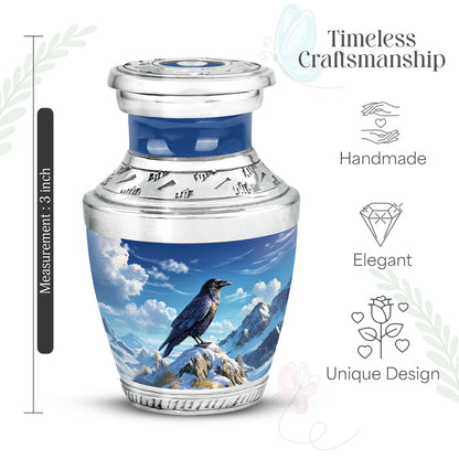 Vivid Blue Crow Cremation Urn top-down view of secure threaded lid - artistic crow interpretation with creative detail - mini keepsake memorial for portion of cremation ashes