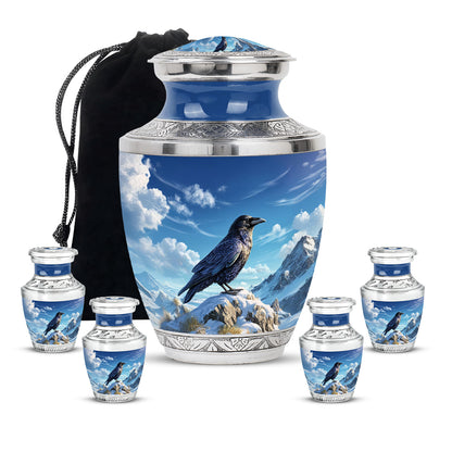 Dusty Blue Crow Cremation Urn lifestyle display on memorial shelf - contemporary crow design with modern artistic flair - memorial set with one large and four small urns