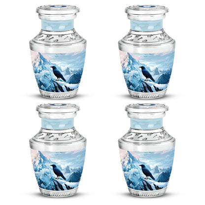 Steel Blue Crow Cremation Urn back view with polished surface - stylized abstract crow pattern with bold lines - 10 inch aluminum urn for cremated remains