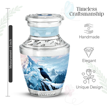 Royal Blue Crow Cremation Urn top-down view of secure threaded lid - stylized abstract crow pattern with bold lines - mini keepsake memorial for portion of cremation ashes