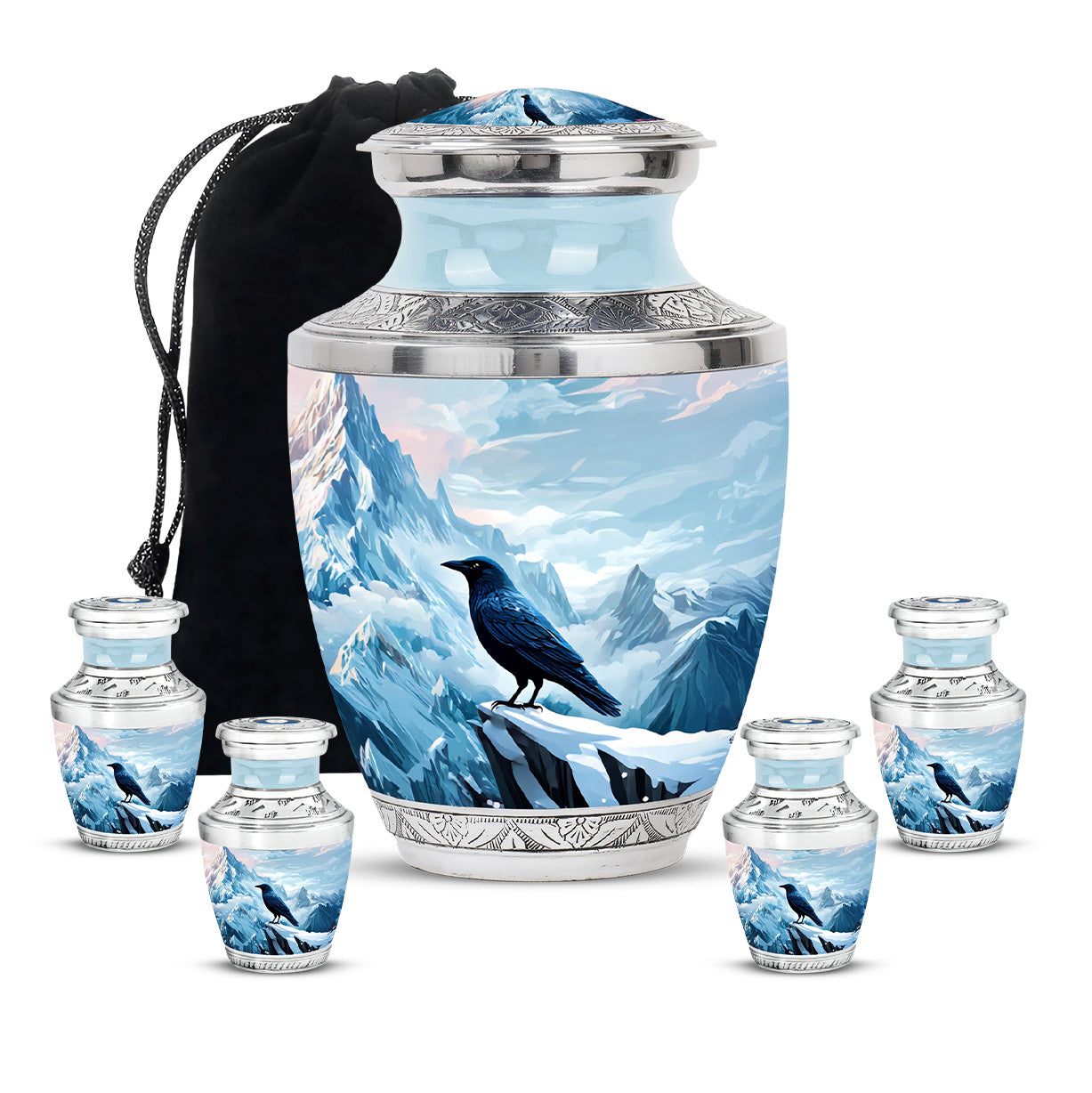 Royal Blue Crow Cremation Urn lifestyle display on memorial shelf - stylized abstract crow pattern with bold lines - memorial set with one large and four small urns