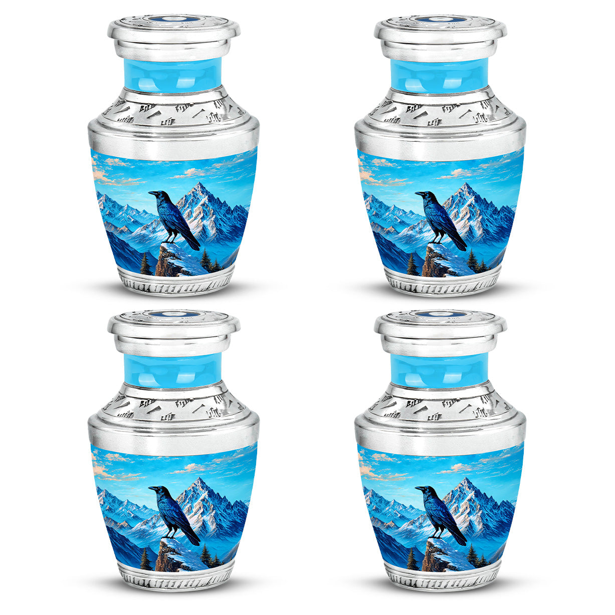 Royal Blue Crow Cremation Urn back view with polished surface - stylized abstract crow pattern with bold lines - 10 inch aluminum urn for cremated remains
