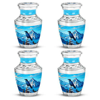 Royal Blue Crow Cremation Urn back view with polished surface - stylized abstract crow pattern with bold lines - 10 inch aluminum urn for cremated remains