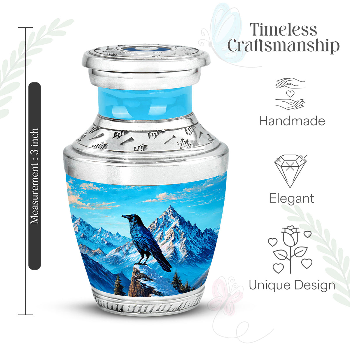 Royal Blue Crow Cremation Urn top-down view of secure threaded lid - stylized abstract crow pattern with bold lines - mini keepsake memorial for portion of cremation ashes