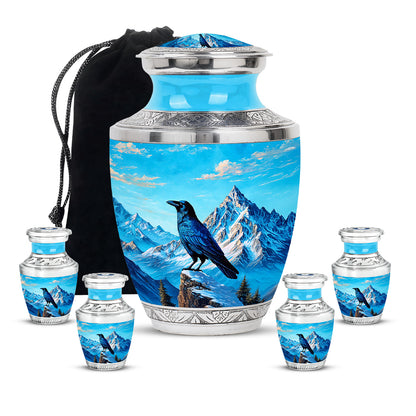 Cobalt Blue Crow Cremation Urn lifestyle display on memorial shelf - artistic crow interpretation with creative detail - memorial set with one large and four small urns