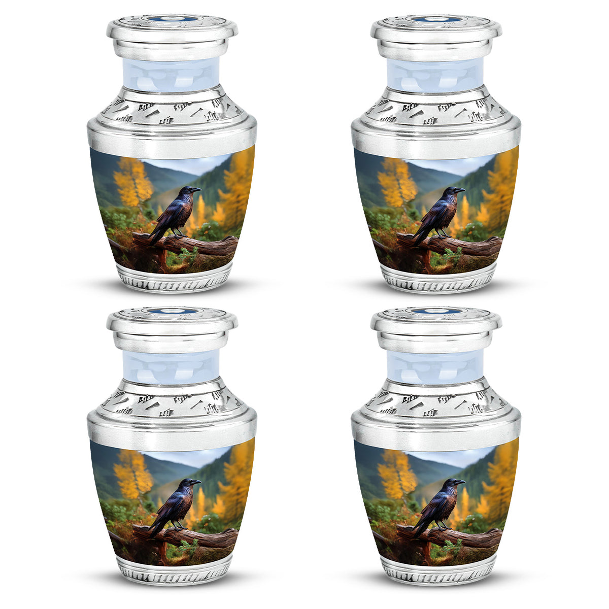 Icy Blue Crow Cremation Urn back view with polished surface - contemporary crow design with modern artistic flair - 10 inch aluminum urn for cremated remains