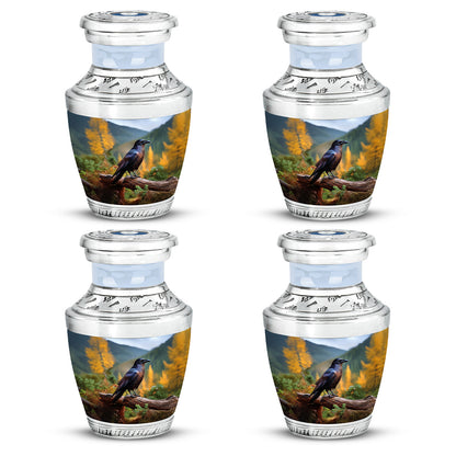 Icy Blue Crow Cremation Urn back view with polished surface - contemporary crow design with modern artistic flair - 10 inch aluminum urn for cremated remains