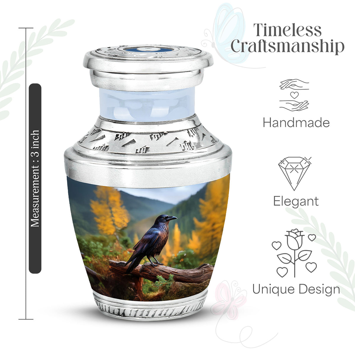 Pastel Blue Crow Cremation Urn top-down view of secure threaded lid - modern art-inspired crow motif on sleek aluminum - mini keepsake memorial for portion of cremation ashes