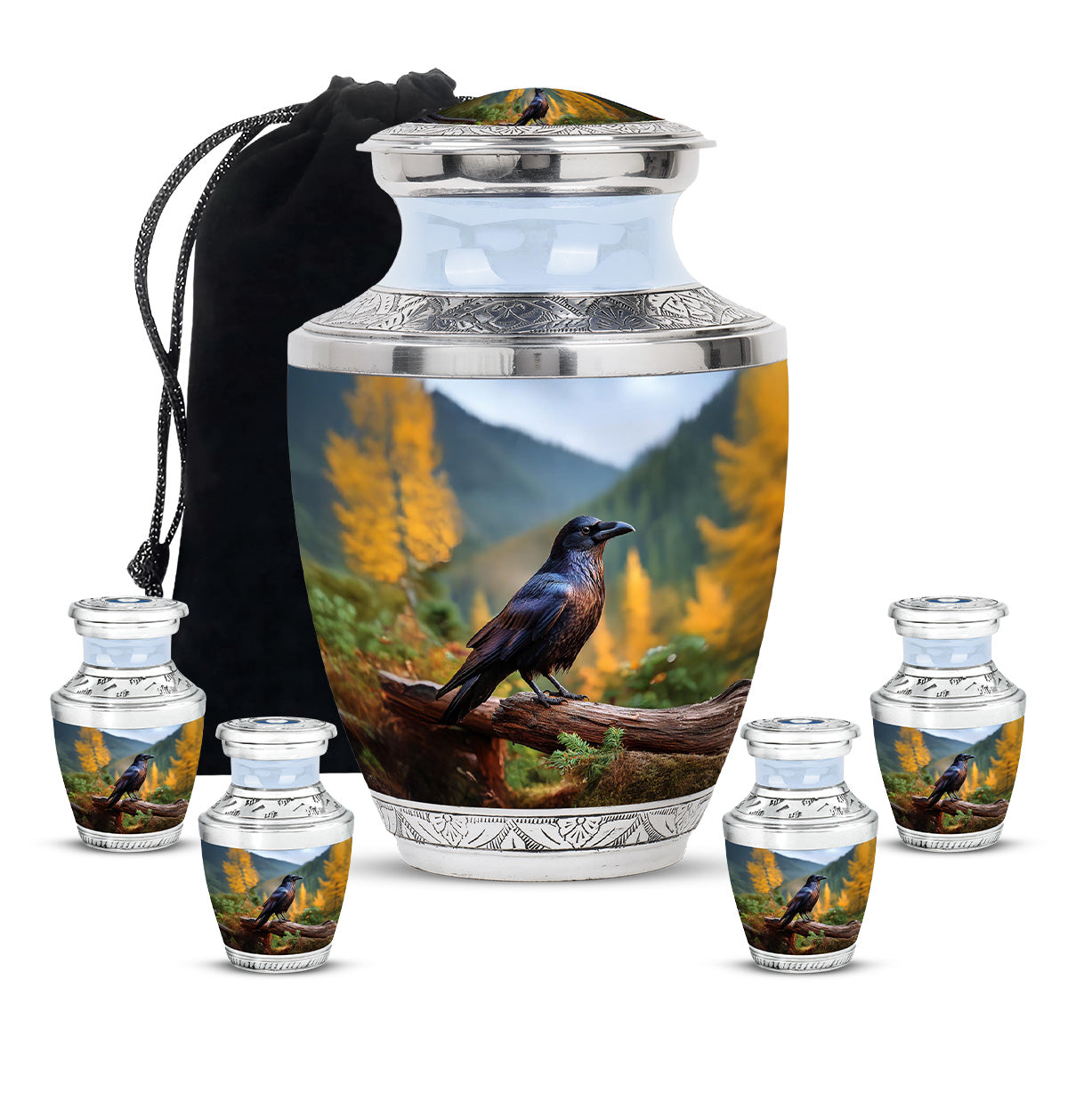 Cobalt Blue Crow Cremation Urn lifestyle display on memorial shelf - stylized abstract crow pattern with bold lines - memorial set with one large and four small urns