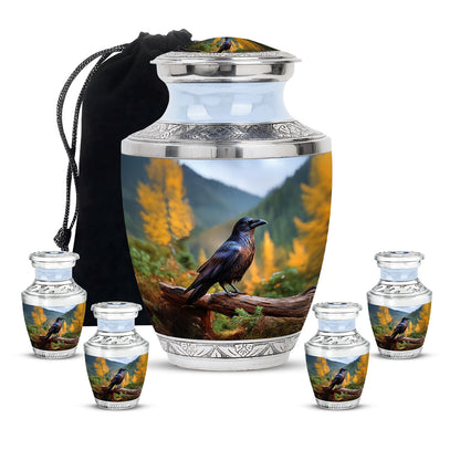Cobalt Blue Crow Cremation Urn lifestyle display on memorial shelf - stylized abstract crow pattern with bold lines - memorial set with one large and four small urns