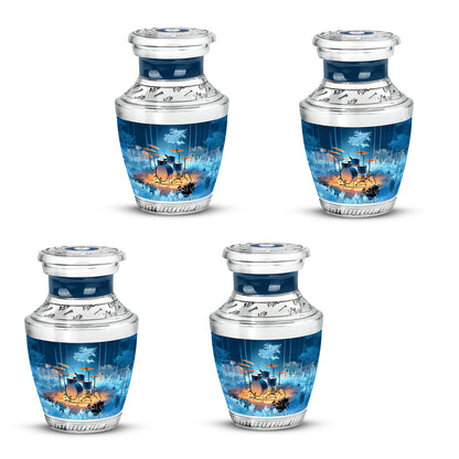 Dusty Blue Drums Cremation Urn back view with polished surface - modern art-inspired drums motif on sleek aluminum - 10 inch aluminum urn for cremated remains